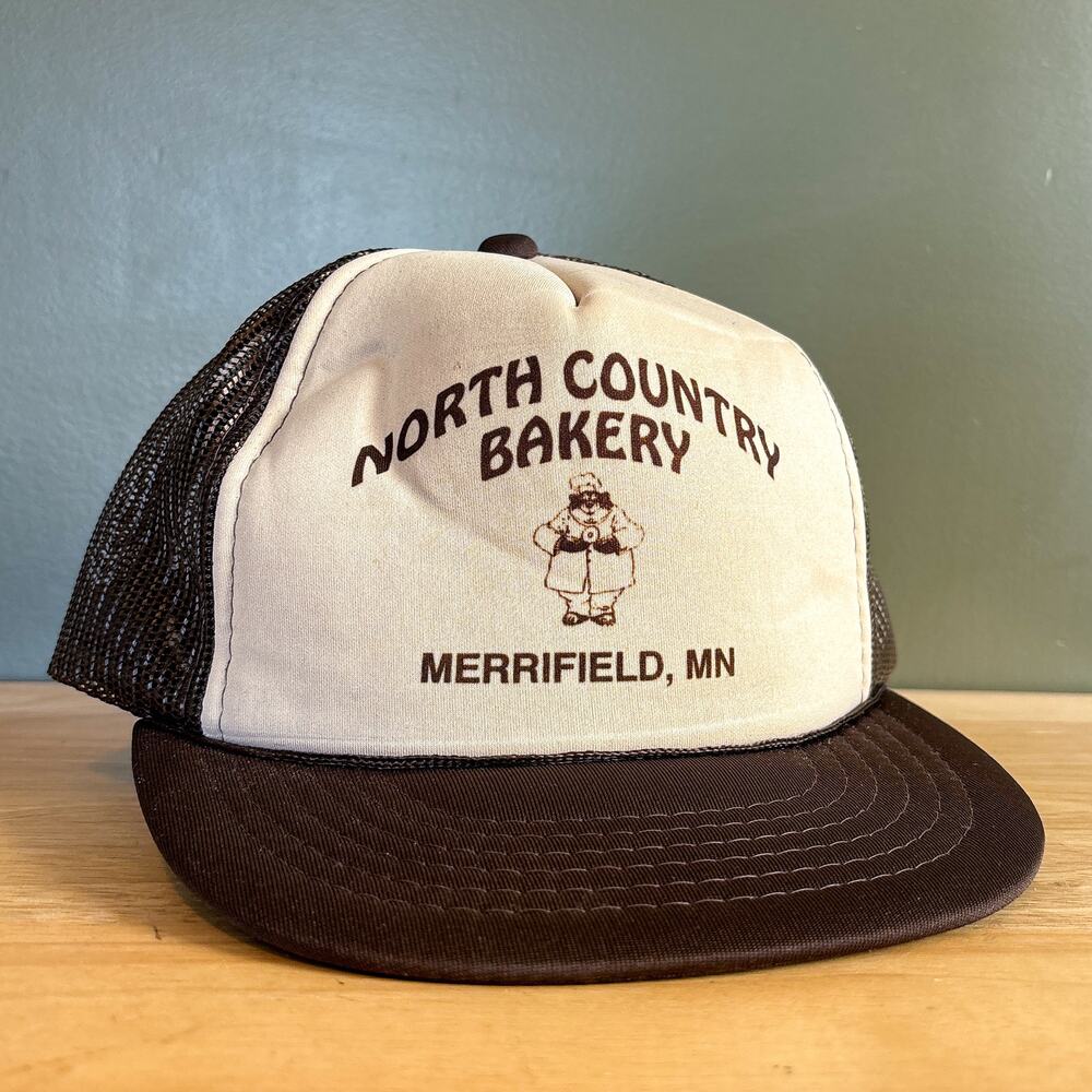 Vintage North Country Bakery Merrifield MN Cream Brown Mesh Trucker Snapback Hat